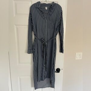Gap Women's Blue and White Long Sleeve T-Shirt Dress with Tie Belt Size Medium